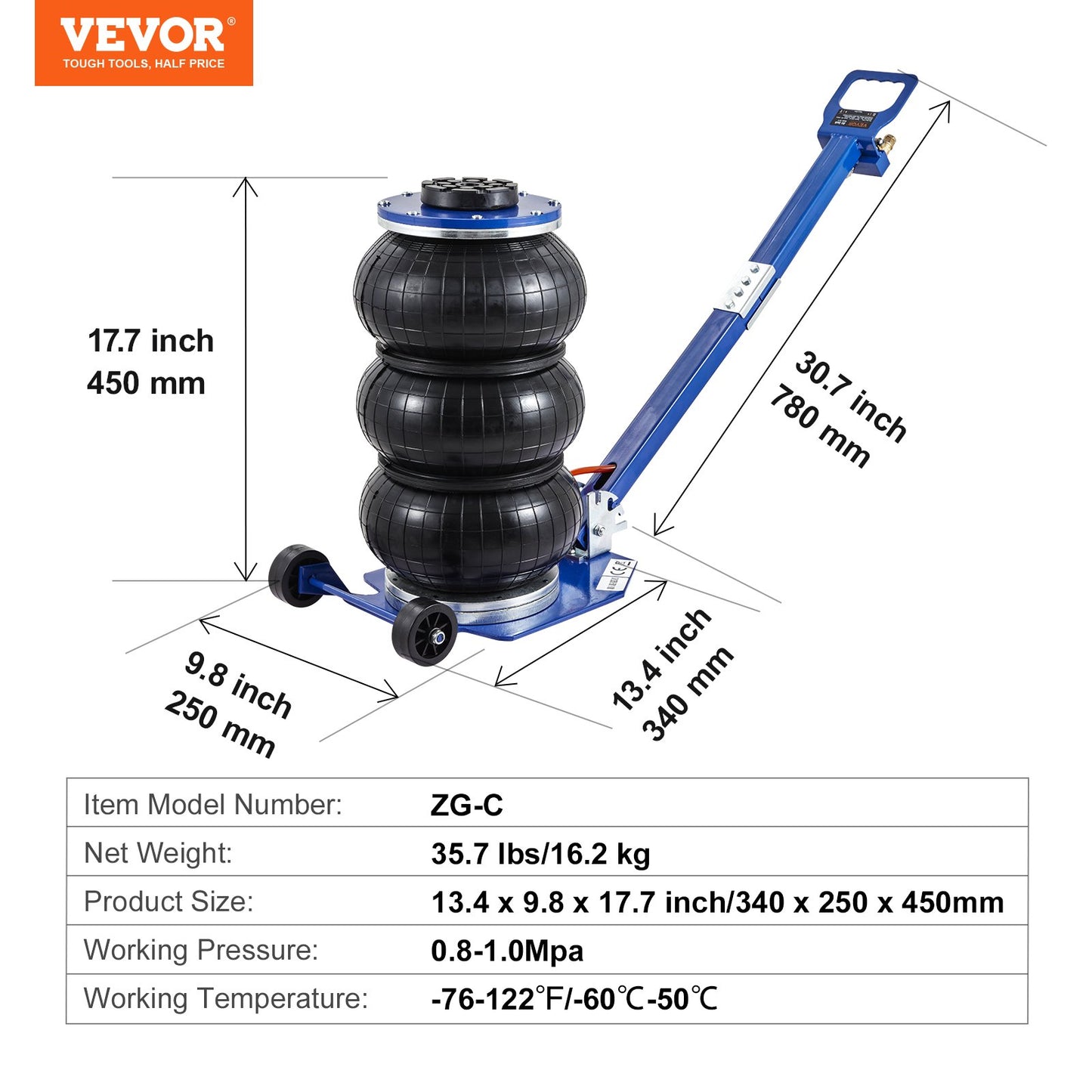 Air Jack, 3 Ton/6600 lbs Triple Bag Air Jack, Airbag Jack with Six Steel Tubes, Lifts Up to 17.7", 3-5s Quick Lifting Pneumatic Jack, with Adjustable Long Handles for Cars, Garage, Repair (Blue)