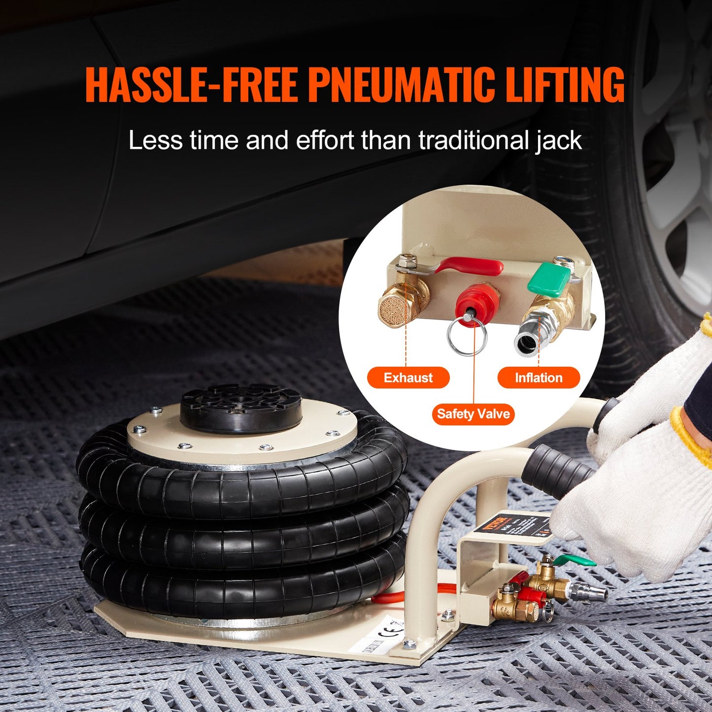 Air Jack, 3 Ton/6600 lbs Triple Bag Air Jack, Airbag Jack med sex stålrör, lyft upp till 17,7 tum/450 mm, 3-5 s snabblyftande pneumatisk domkraft, med sidohandtag för bil, garage, reparation (vit )