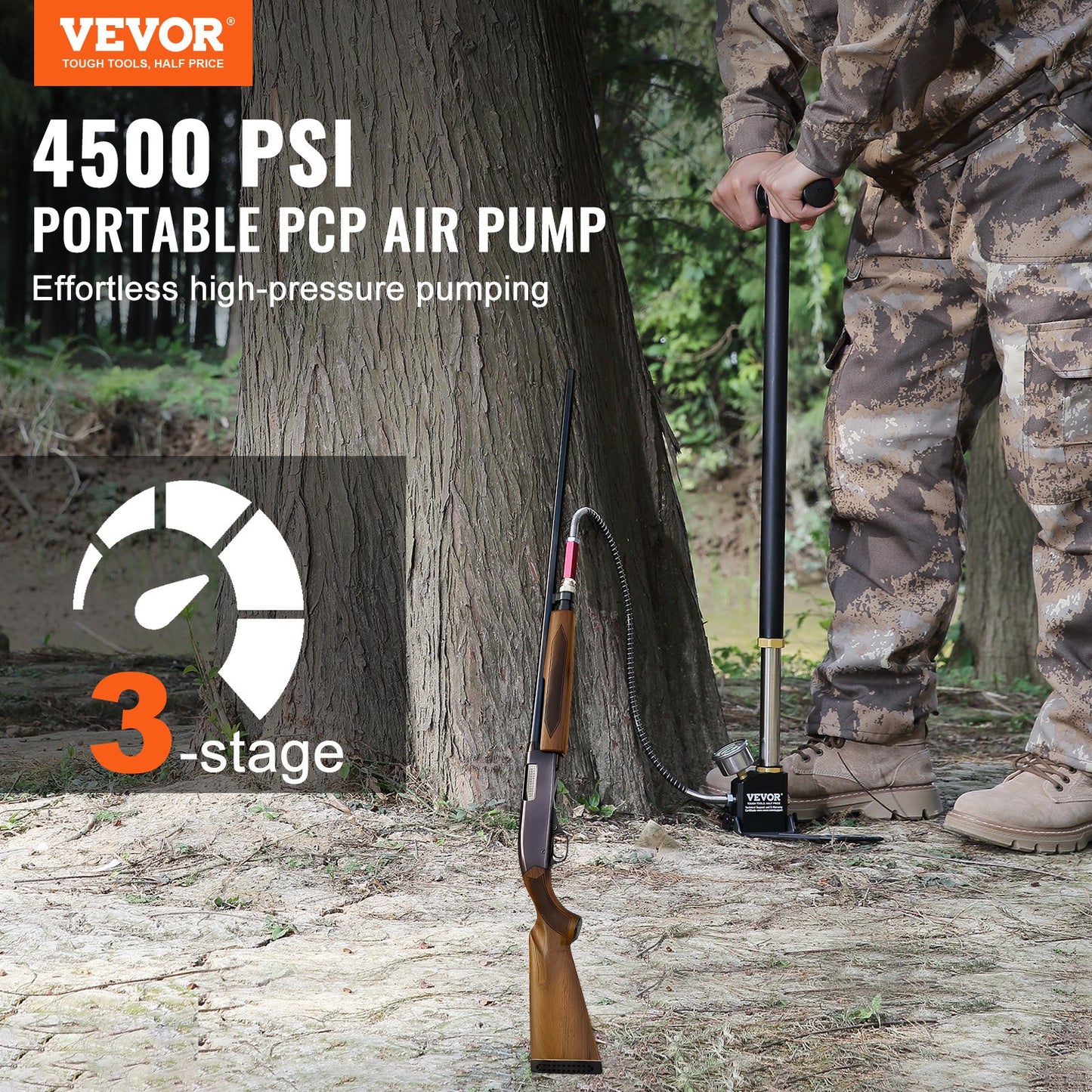 3-stage hand stirrup pump with high quality 301 stainless steel, stirrup pump 4500 psi (0-30 MPa), PCP air gun rifle, pcp pump with pressure measurement range: 0-5800 psi (0-40 MPa)