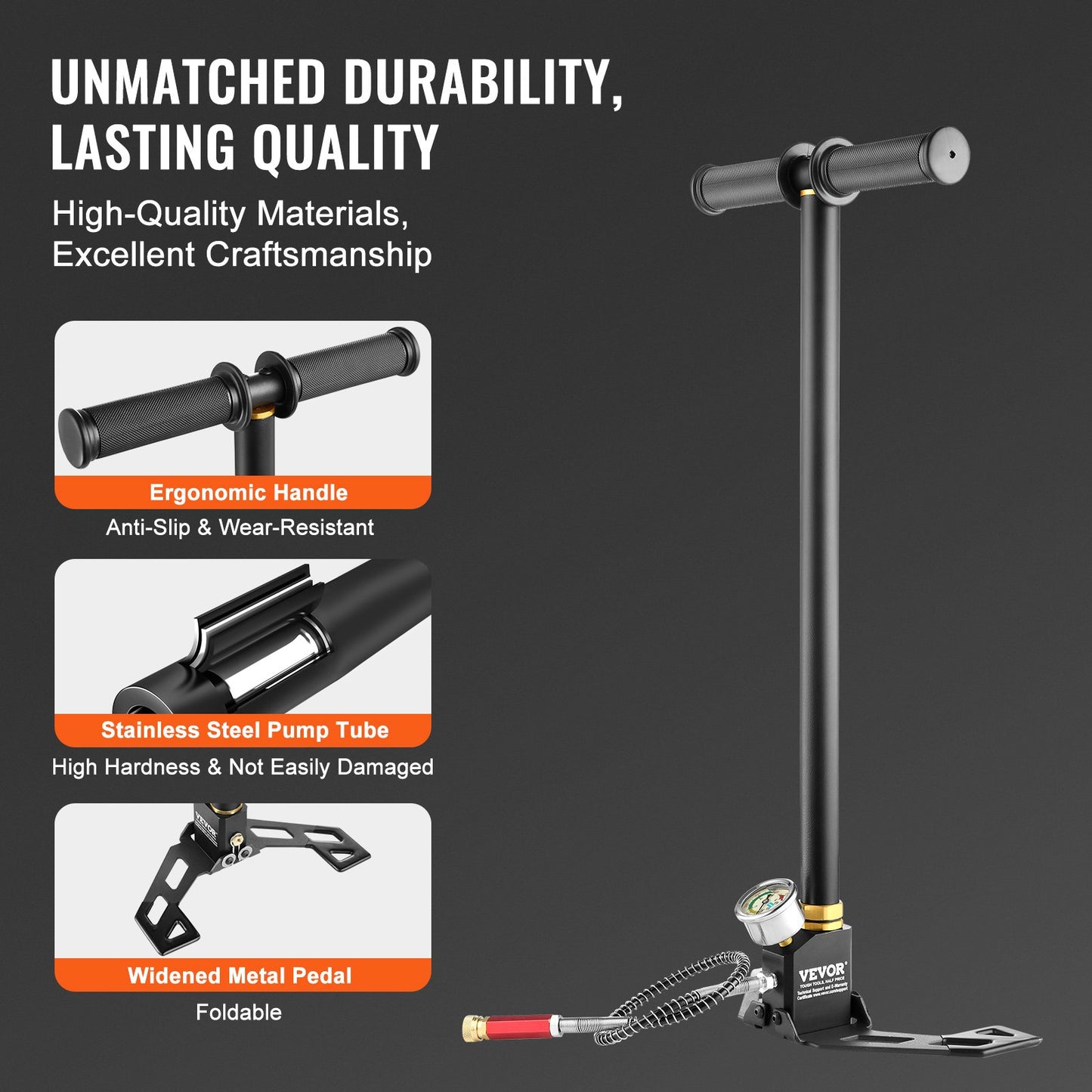 3-stage hand stirrup pump with high quality 301 stainless steel, stirrup pump 4500 psi (0-30 MPa), PCP air gun rifle, pcp pump with pressure measurement range: 0-5800 psi (0-40 MPa)