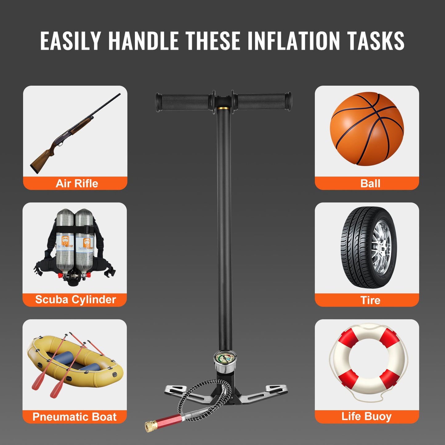 3-stage hand stirrup pump with high quality 301 stainless steel, stirrup pump 4500 psi (0-30 MPa), PCP air gun rifle, pcp pump with pressure measurement range: 0-5800 psi (0-40 MPa)
