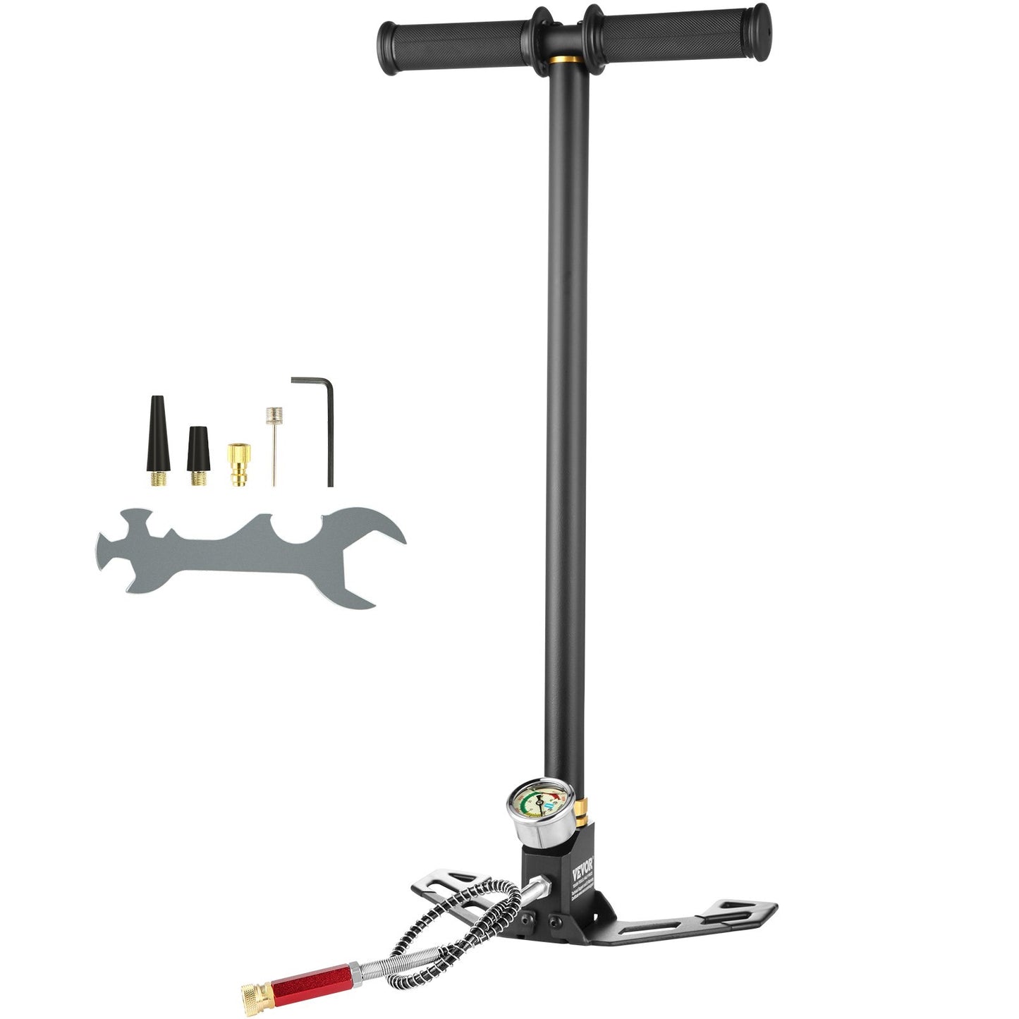 3-stage hand stirrup pump with high quality 301 stainless steel, stirrup pump 4500 psi (0-30 MPa), PCP air gun rifle, pcp pump with pressure measurement range: 0-5800 psi (0-40 MPa)
