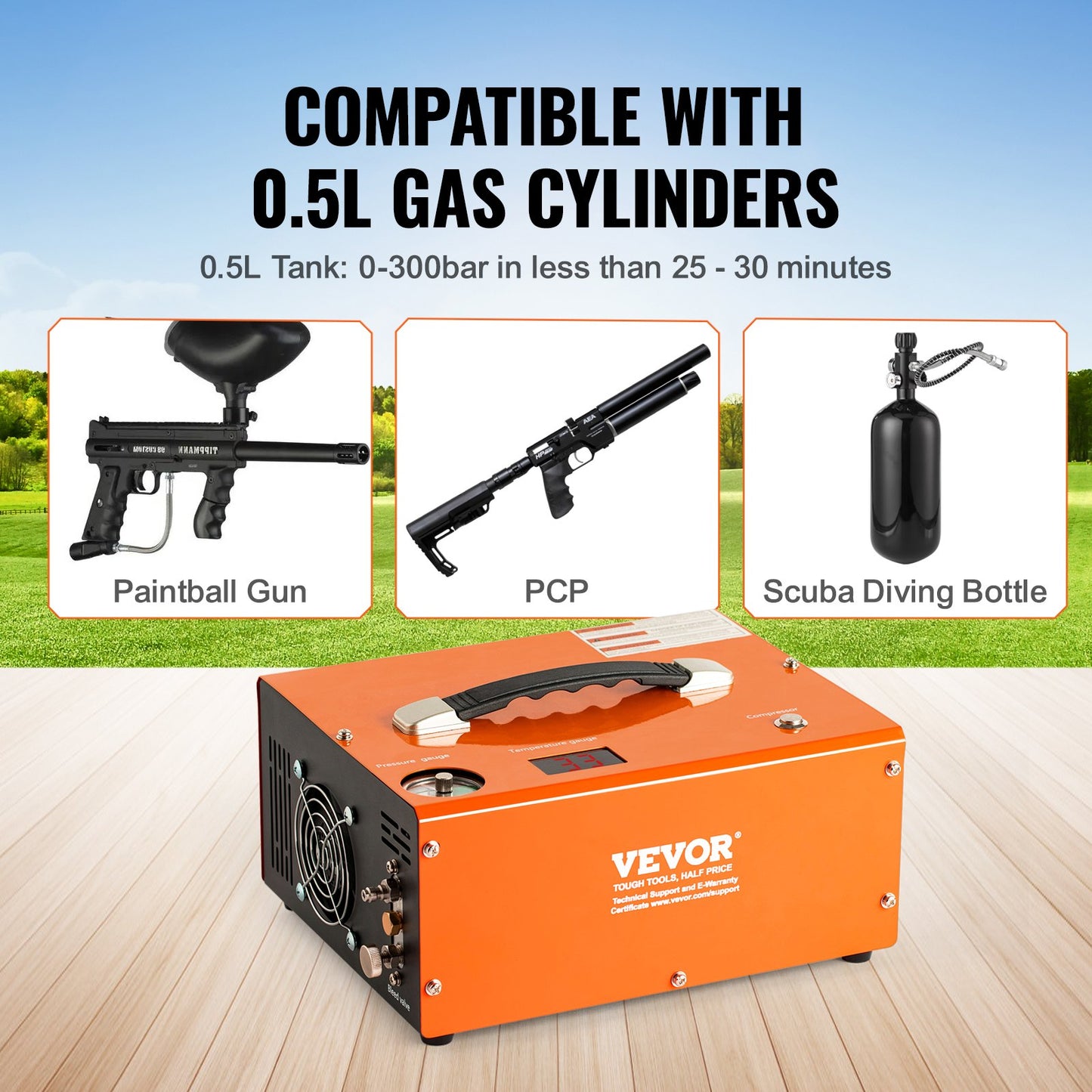 PCP luftkompressor 4500PSI/30Mpa Inbyggd omvandlare DC12V/AC230V Auto-Stop