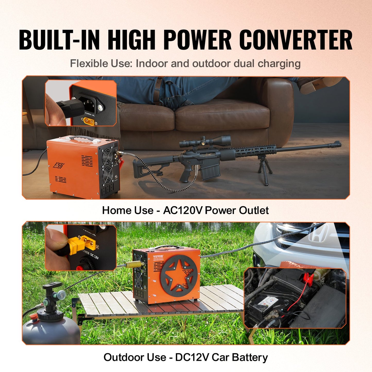 PCP-Luftkompressor, tragbarer PCP-Kompressor mit 4500 PSI/30 MPa und eingebautem Spannungswandler, Auto-Stopp | DC 12 V/AC 230 V | Öl- und wasserfreie Kompressorpumpe