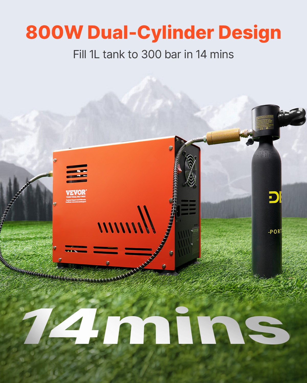 PCP-Luftkompressor, 800 W, Doppelzylinder, PCP-Luftpistolenkompressor, 4500 PSI/30 MPa