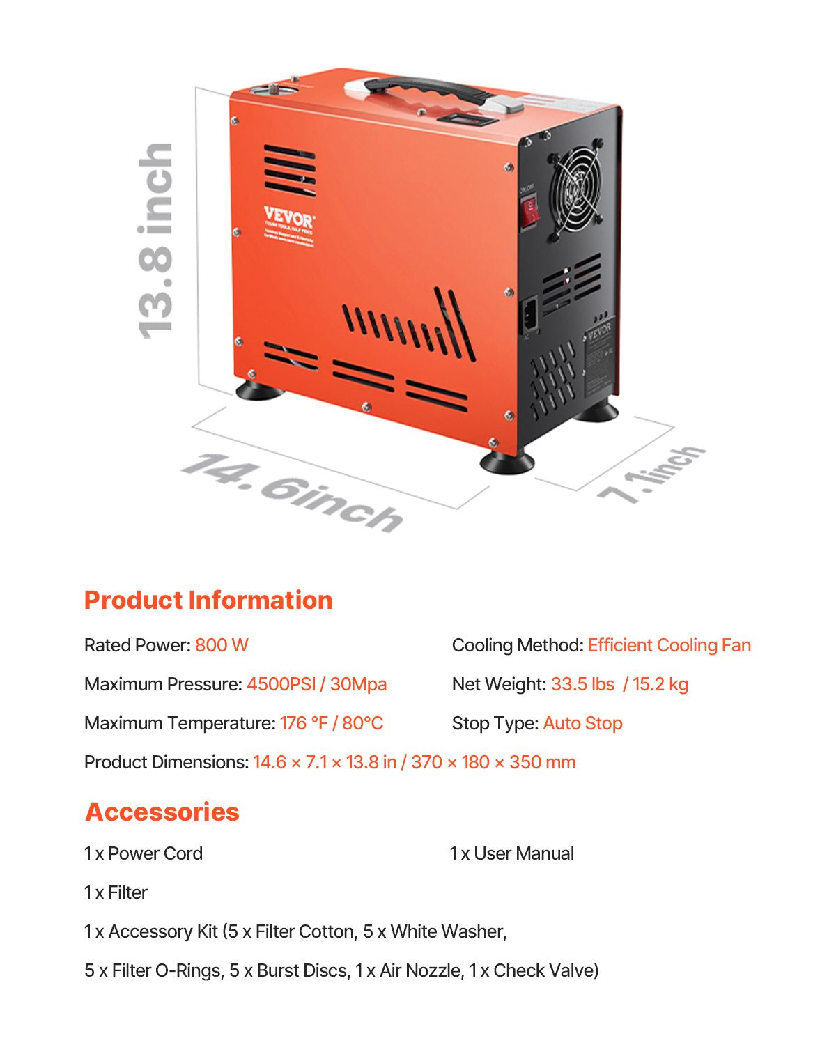 PCP-Luftkompressor, 800 W, Doppelzylinder, PCP-Luftpistolenkompressor, 4500 PSI/30 MPa