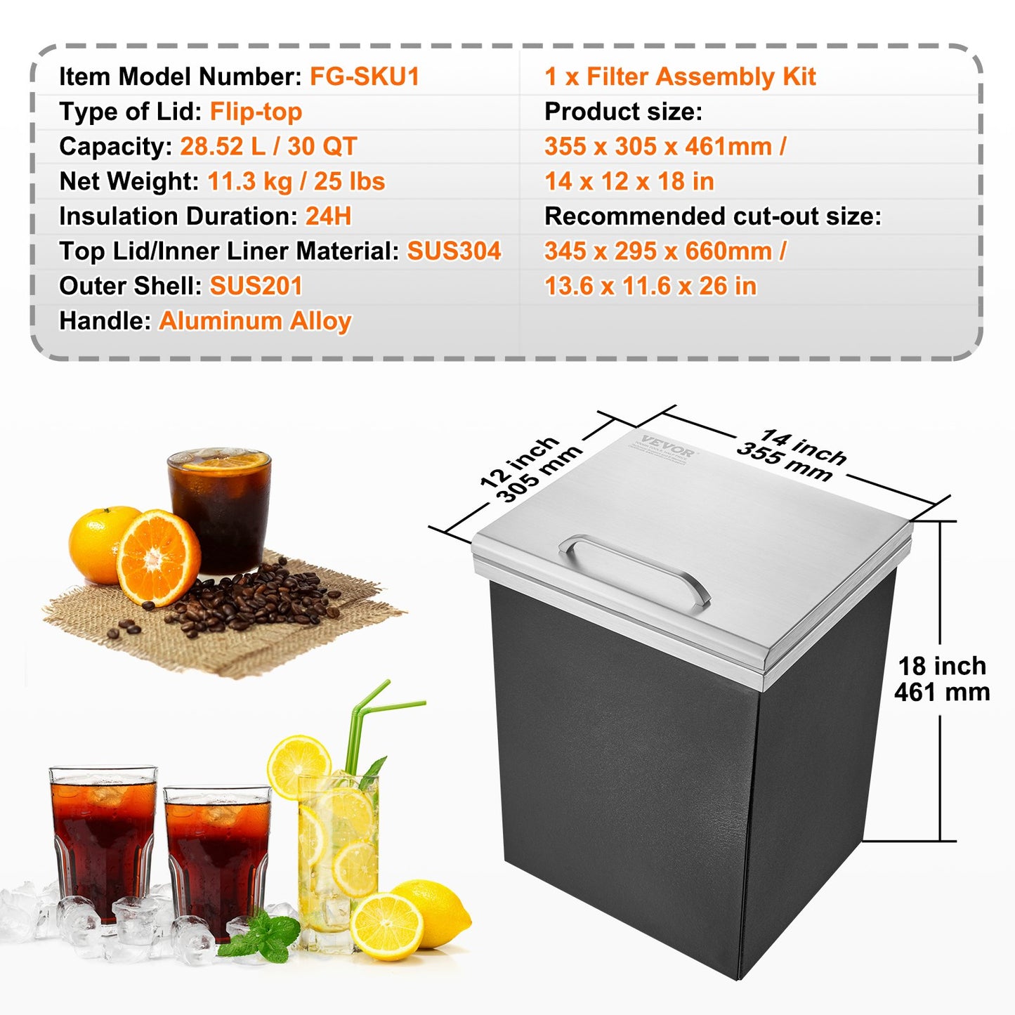 14"x12"x18" Drop in Ice Chest Ice Cooler Ice Bin Edelstahl mit Deckel