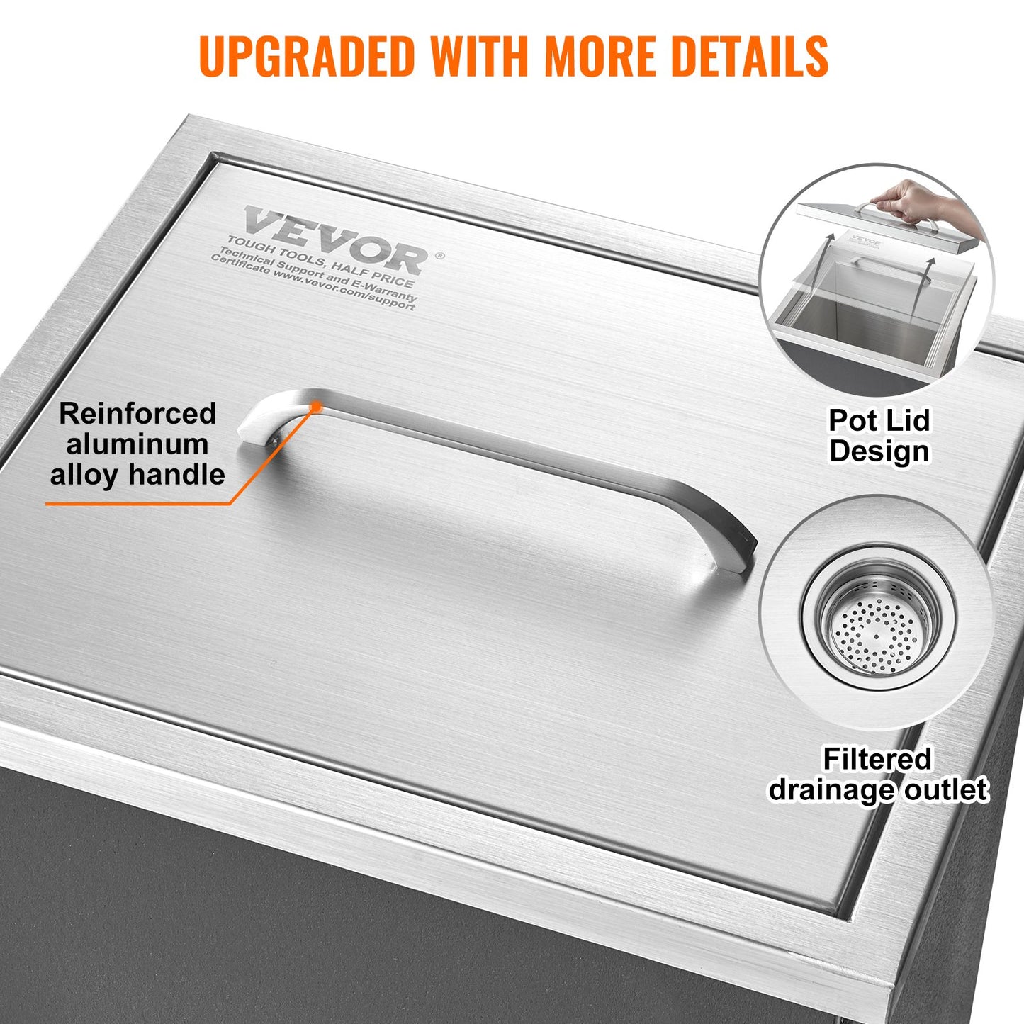 Drop in Ice Chest, 14"L x 12"B x 18"H iskylare i rostfritt stål, kommersiell isbehållare med lock, 40 qt utomhuskök Ice Bar, avloppsrör och avloppsplugg ingår, för kall vinöl