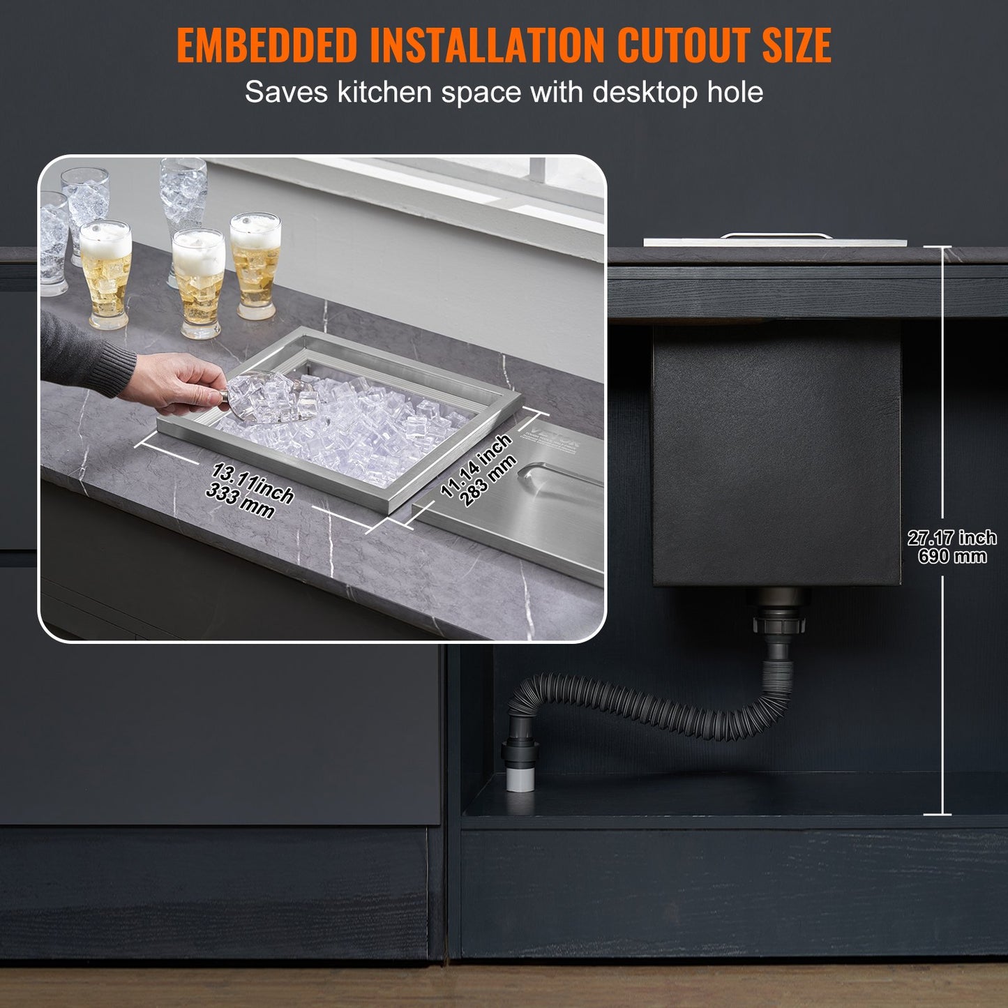 Drop in Ice Chest, 14"L x 12"B x 18"H iskylare i rostfritt stål, kommersiell isbehållare med lock, 40 qt utomhuskök Ice Bar, avloppsrör och avloppsplugg ingår, för kall vinöl
