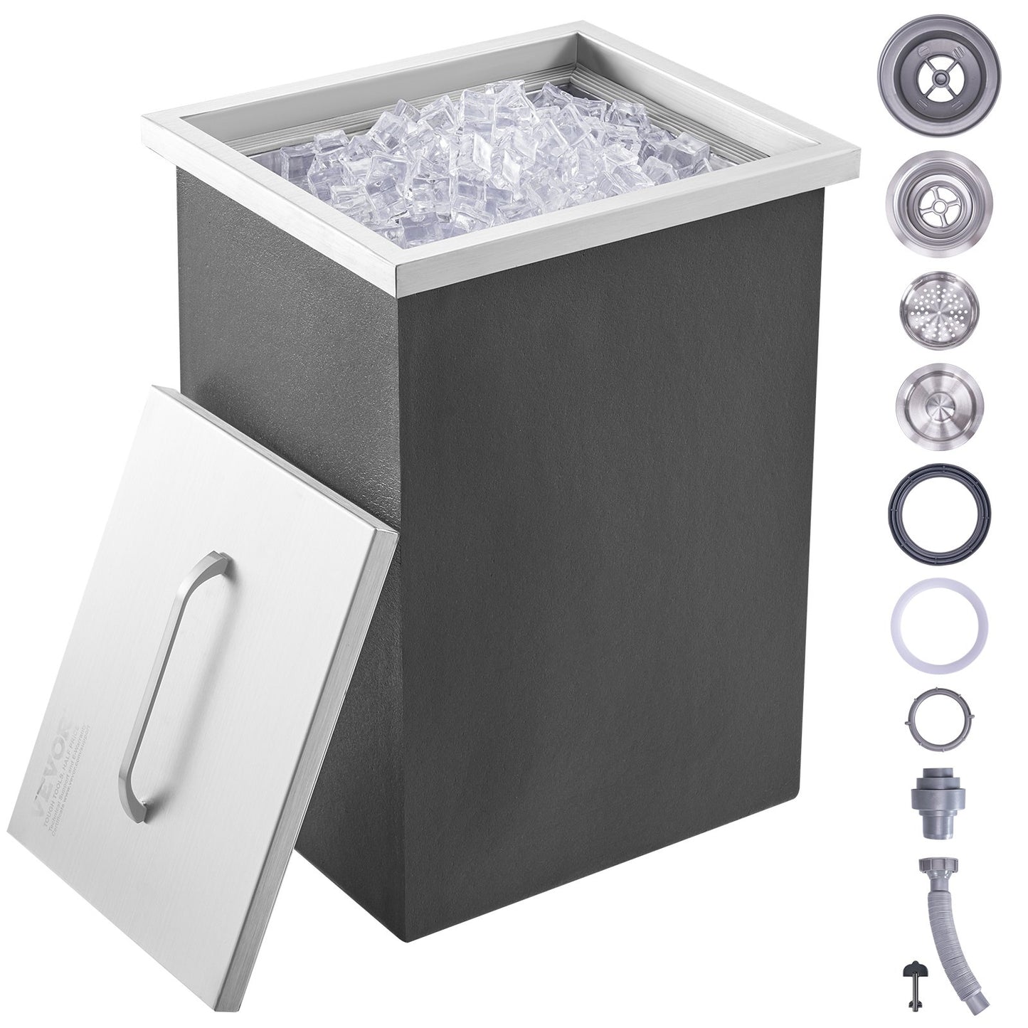 Drop in Ice Chest, 14"L x 12"B x 18"H iskylare i rostfritt stål, kommersiell isbehållare med lock, 40 qt utomhuskök Ice Bar, avloppsrör och avloppsplugg ingår, för kall vinöl