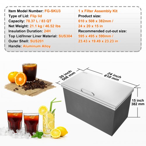 24"x20"x15" Drop in Ice Chest Ice Cooler Ice Bin Stainless Steel with Lid | EU