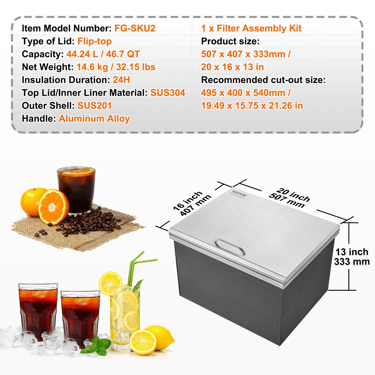 20"x16"x13" Drop in Ice Chest Ice Cooler Ice Bin Stainless steel with lid