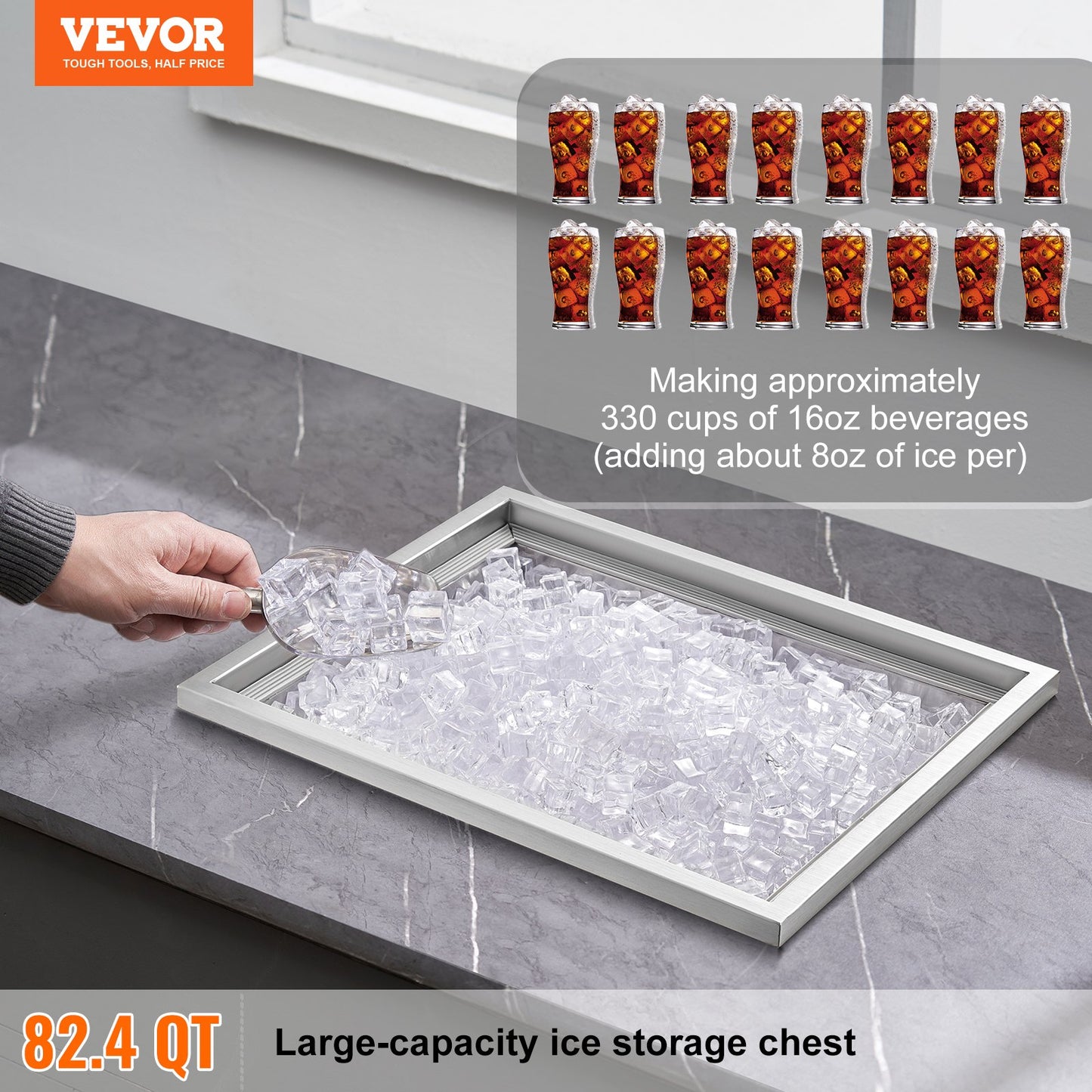 Drop in Ice Chest, 21"L x 17"B x 18"H iskylare i rostfritt stål, kommersiell isbehållare med lock, 40 qt utomhuskök isbar, avloppsrör och avloppsplugg ingår, för kall vinöl