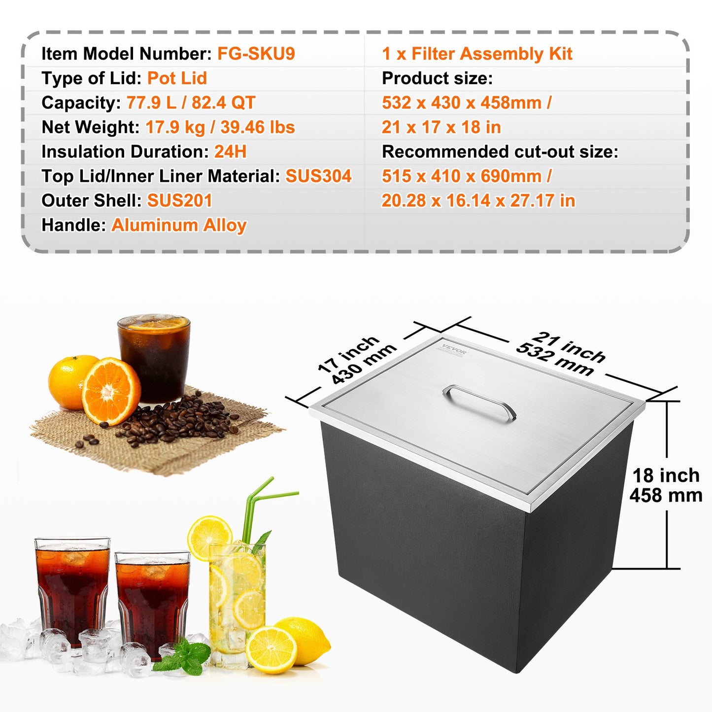 Drop in Ice Chest, 21"L x 17"B x 18"H iskylare i rostfritt stål, kommersiell isbehållare med lock, 40 qt utomhuskök isbar, avloppsrör och avloppsplugg ingår, för kall vinöl