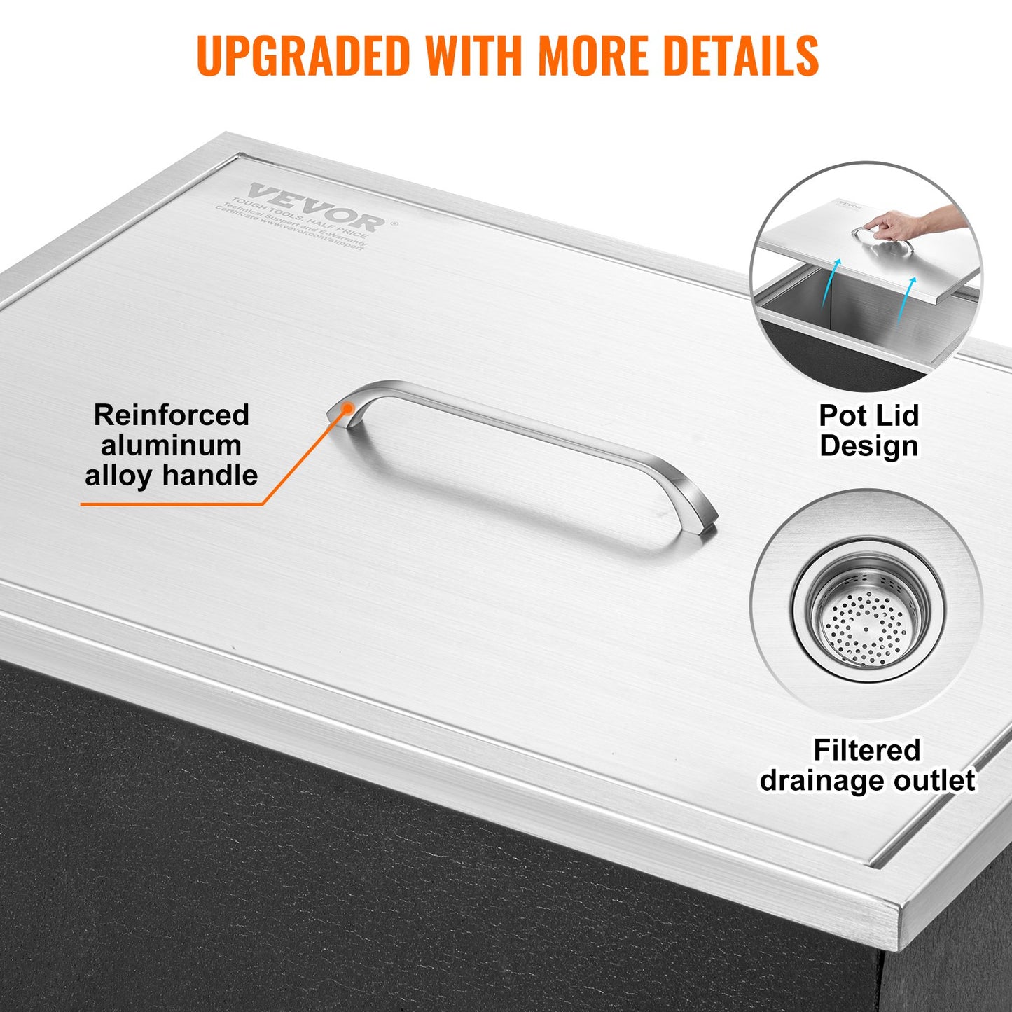 Drop in Ice Chest, 22"L x 17"W x 12"H Stainless Steel Ice Cooler, Commercial Ice Container with Lid, 40 qt Outdoor Kitchen Ice Bar, Drain Pipe and Drain Plug Included, for Cold Wine Beer