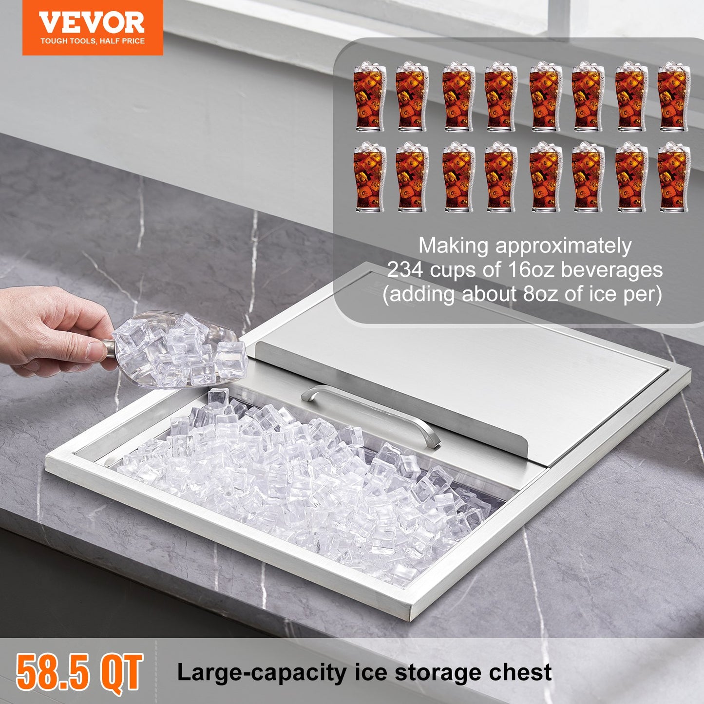 Drop in Ice Chest, 24"L x 18"W x 13"H Stainless Steel Ice Cooler, Commercial Ice Container with Sliding Lid, 40.9 qt Outdoor Kitchen Ice Bar, Drain Pipe and Drain Plug Included, for Cold Wine Beer