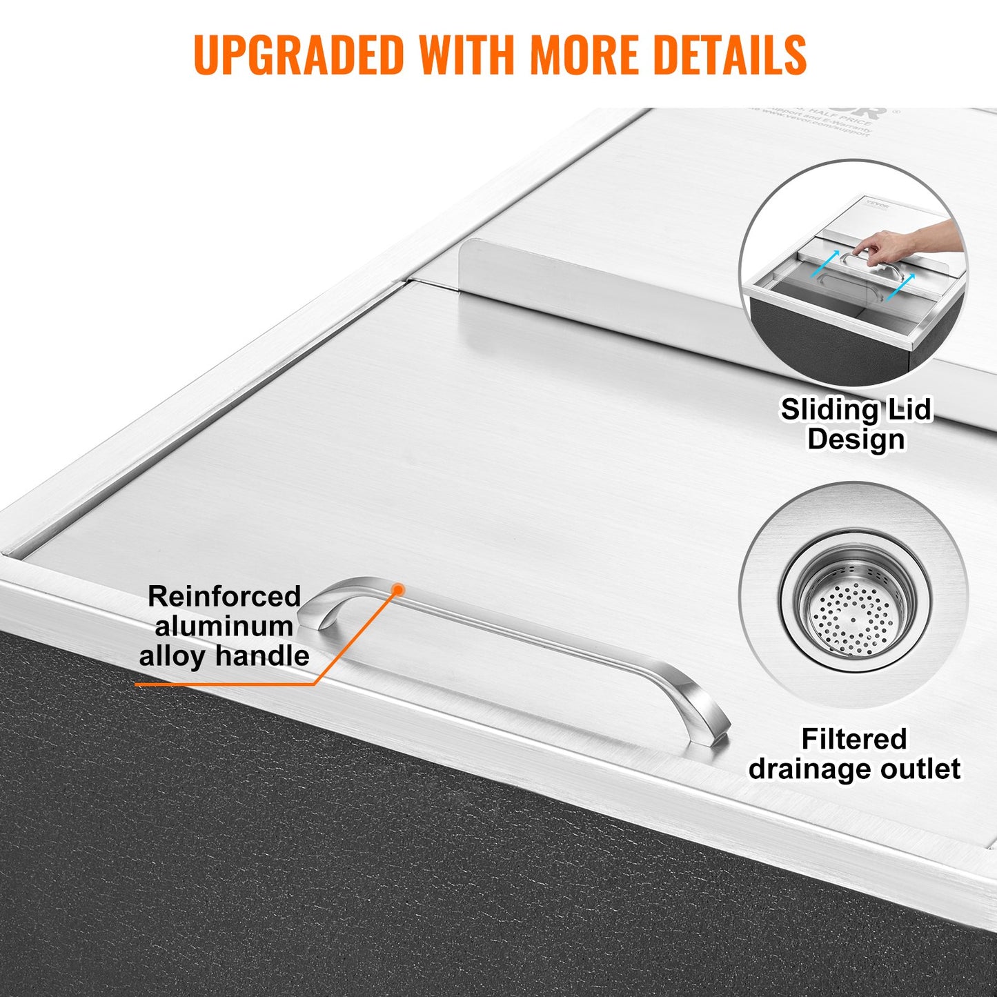 Drop in Ice Chest, 24"L x 18"W x 13"H Stainless Steel Ice Cooler, Commercial Ice Container with Sliding Lid, 40.9 qt Outdoor Kitchen Ice Bar, Drain Pipe and Drain Plug Included, for Cold Wine Beer