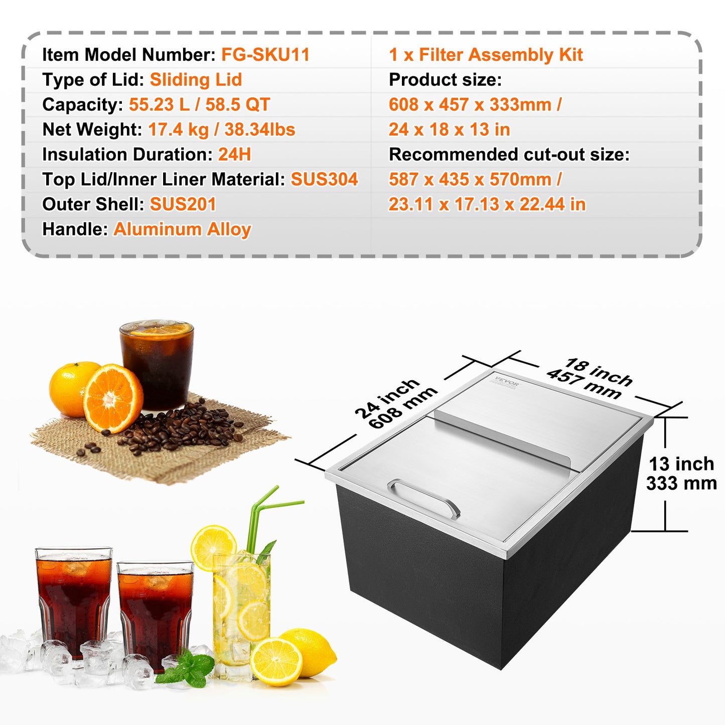 Drop in Ice Chest, 24"L x 18"W x 13"H Stainless Steel Ice Cooler, Commercial Ice Container with Sliding Lid, 40.9 qt Outdoor Kitchen Ice Bar, Drain Pipe and Drain Plug Included, for Cold Wine Beer