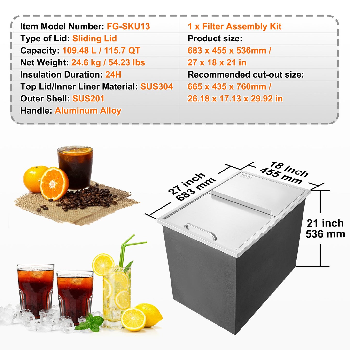 27"x18"x21" Drop in Ice Chest Ice Cooler Ice Bin Rostfritt stål med lock
