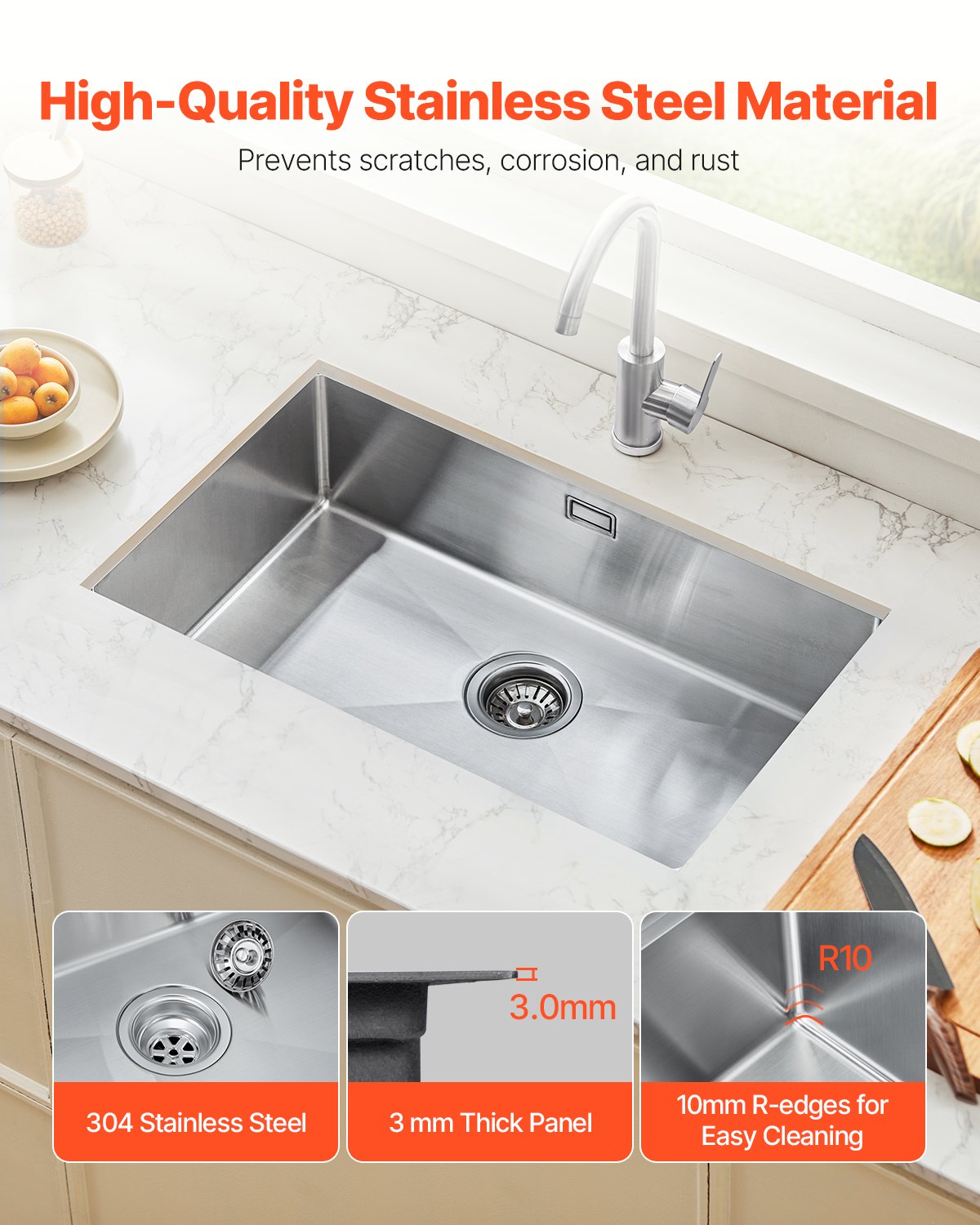76cm Diskbänk Undermonterad Enkelskål Drop-In Basin Rostfri stålstång