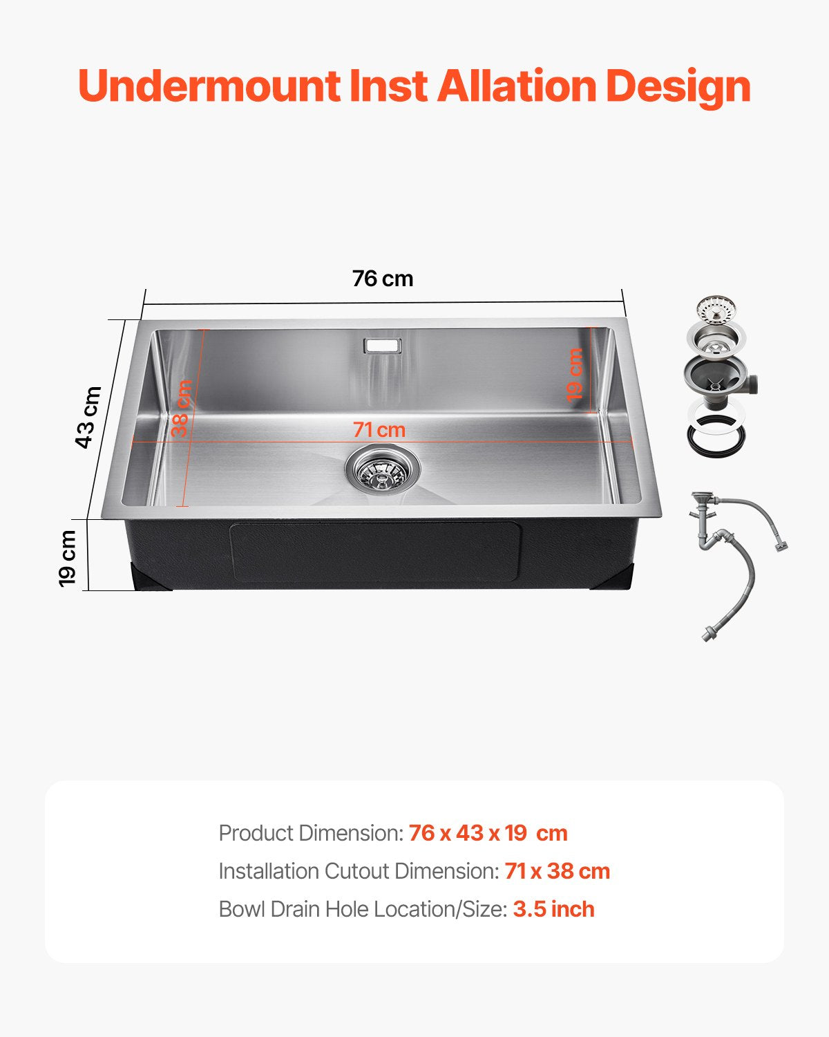 76cm Diskbänk Undermonterad Enkelskål Drop-In Basin Rostfri stålstång