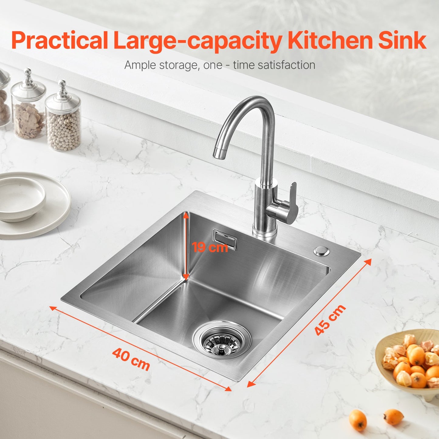 40cm Sink Top Mount Single Bowl Drop-In Basin Stainless Steel Bar