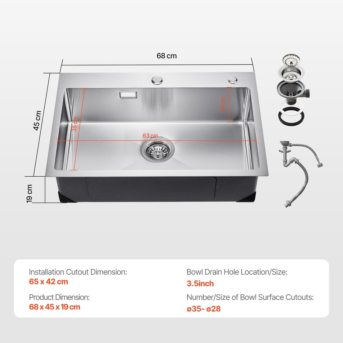 68cm Sink Top Mount Single Bowl Drop-In Basin Stainless Steel Bar