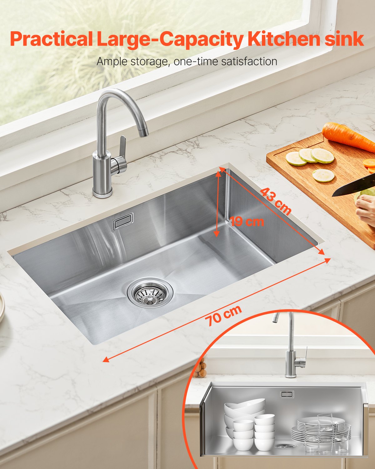 70cm Köksdiskbänk Undermonterad Enkelskål Drop-In Basin Rostfritt stålstång