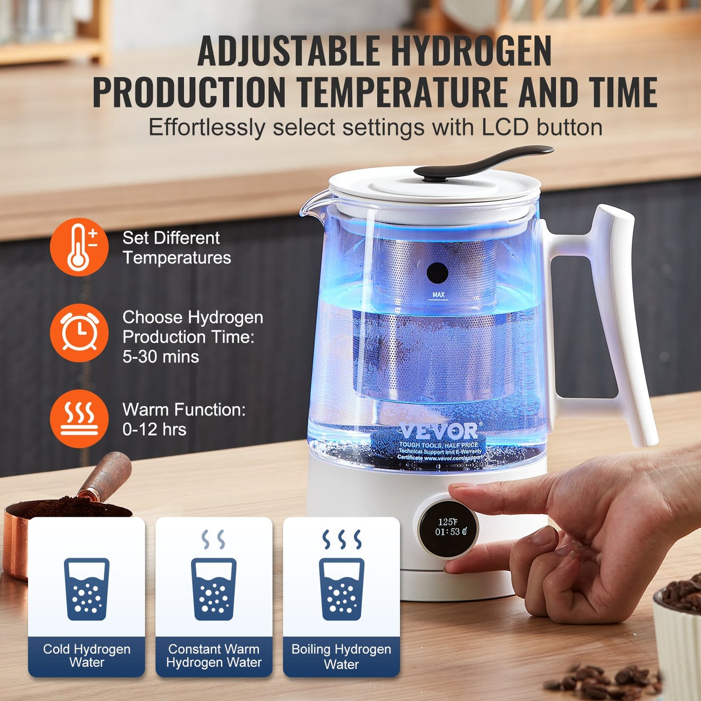 Wasserstoff-Wasserkruggenerator, 1,5 l/52,8 oz Wasserstoffgenerator-Wasserkocher mit großer Kapazität, SPE- und PEM-Technologie, wasserstoffreicher Wasserionisierer zum Aufbrühen von Kaffee oder Tee