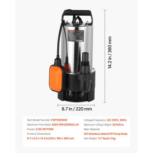 710W dränkbar sumppump, 20000 l/h, dränkbar avloppspump i rostfritt stål för smutsigt rent vatten med automatisk flottörbrytare, lång sladd, 9 m maxlyft, för pooler, trädgård, dammar, översvämmade områden | EU