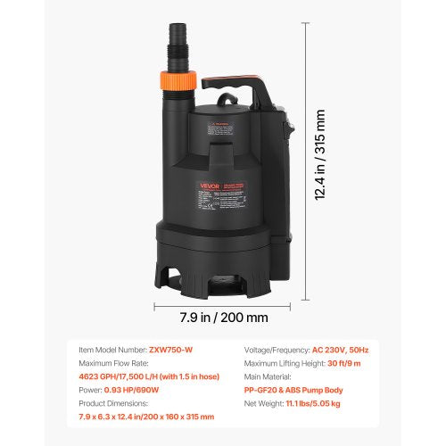 690W dränkbar sumppump, 17500 l/h, PP-GF20 dränkbar avloppspump för smutsigt rent vatten med automatisk flottörbrytare, lång sladd, 9 m maxlyft, för pooler, trädgård, dammar, översvämmade områden | EU