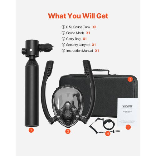 0,5 L Scuba Tank 32,81 ft Dykdjup Lungtank Kit med snorkelmask | EU