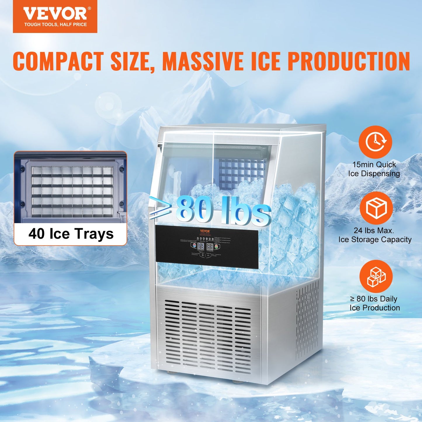 Commercial Ice Machine Freestanding Cabinet Machine 80lbs/24H 40 Ice Cubes