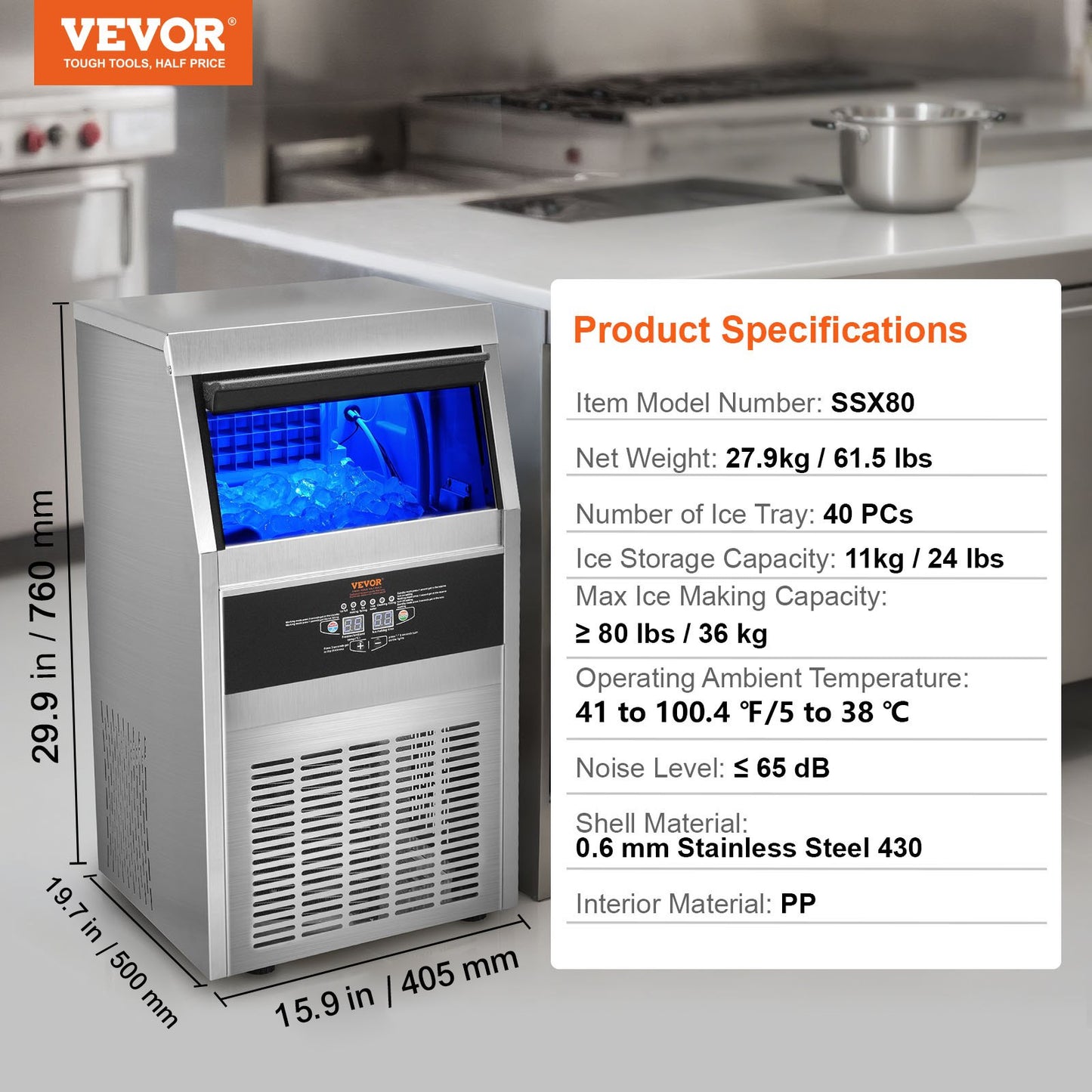Commercial Ice Machine Freestanding Cabinet Machine 80lbs/24H 40 Ice Cubes