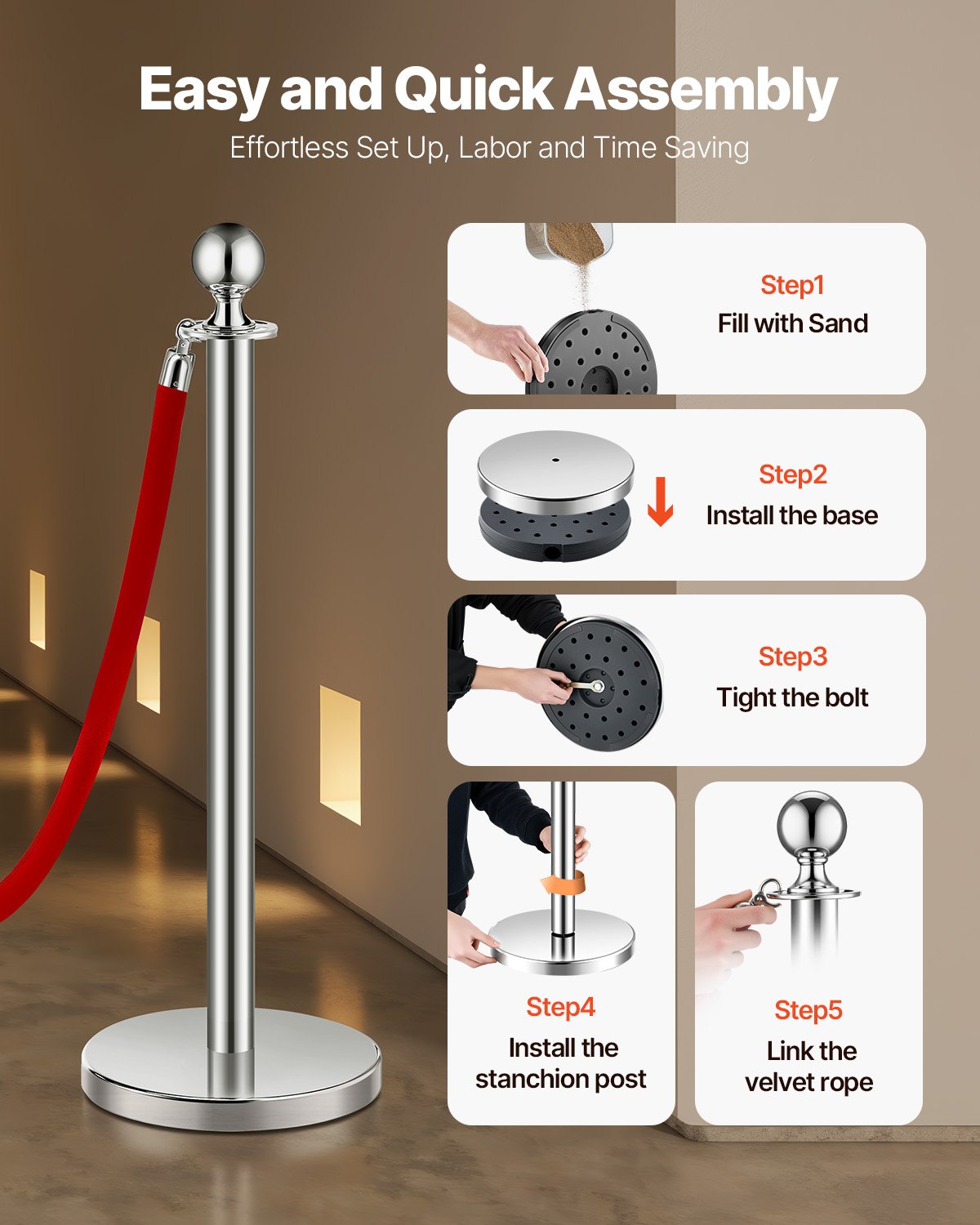 8 pcs Silver Standing Pole 4 Red Velvet Rep Sand Injection Hollow Base