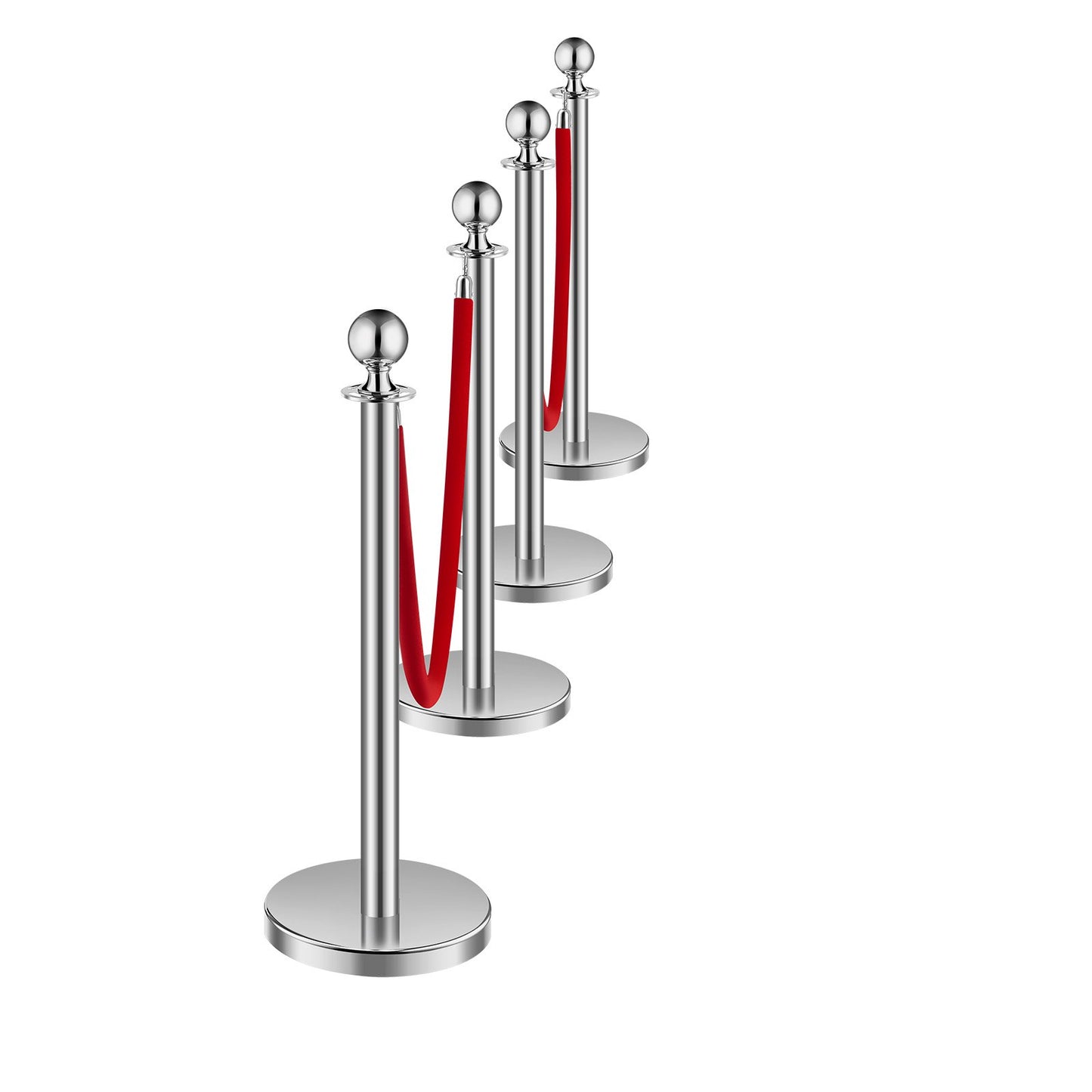 4pcs Silver Standing Post 2 Red Velvet Ropes Sand Injection Hollow Base