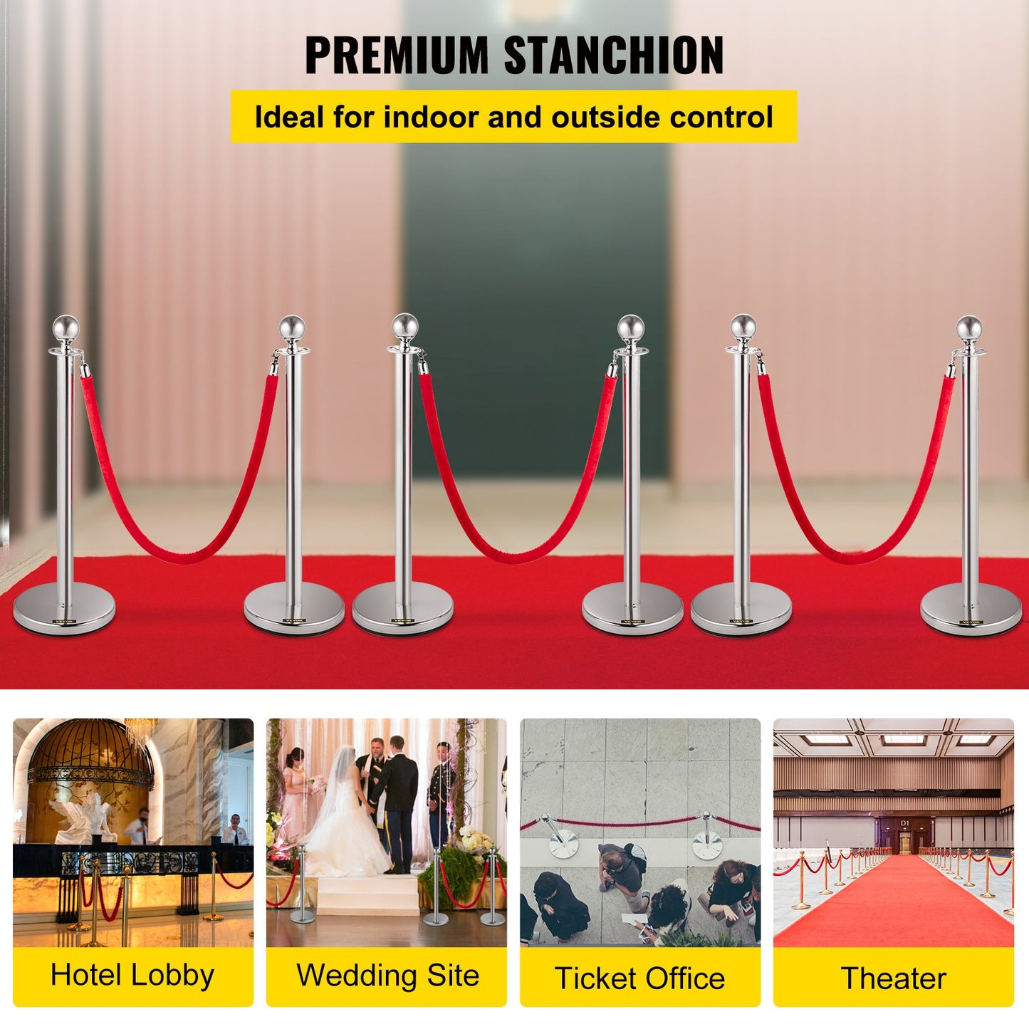 6PCS Red Rope Pole Silver Post Crowd Control Queue Line Barrier
