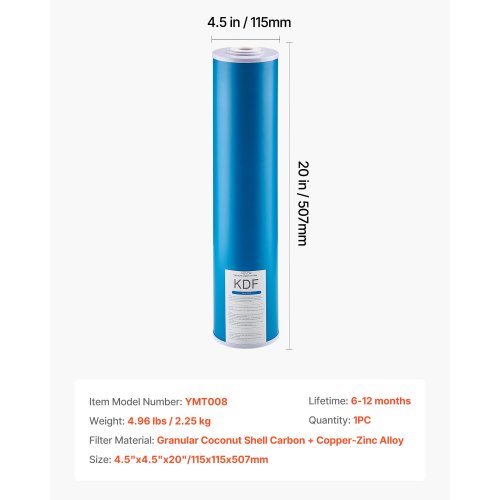 Whole House Water Filter Cartridge 4.5" x 20" KDF Home Filter