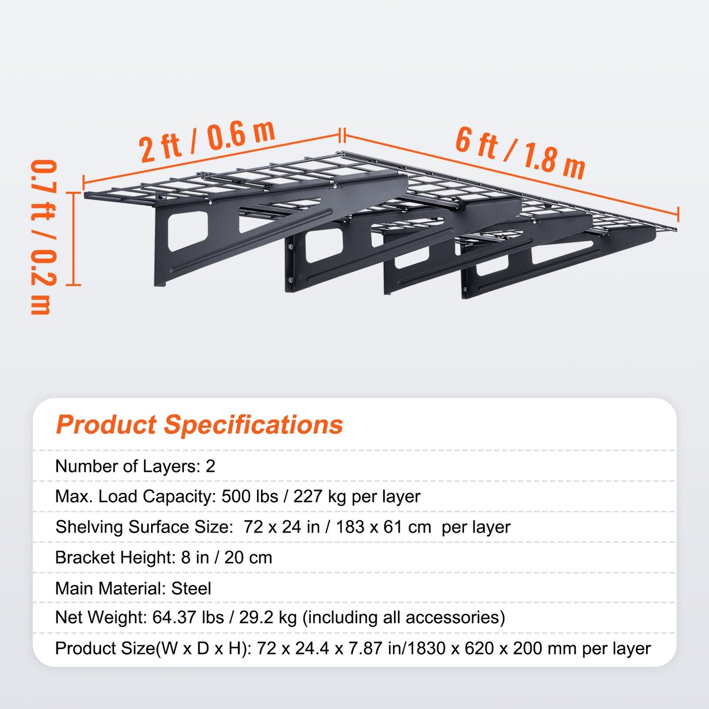 Garageförvaringshyllor, 2-pack, 6 x 2 fot Heavy Duty Garagehyllor Väggmonterade, 1000 lbs Lastkapacitet (totalt) Garageförvaringsställ Flytande hyllor, lämplig för butik, bod, garageförvaring