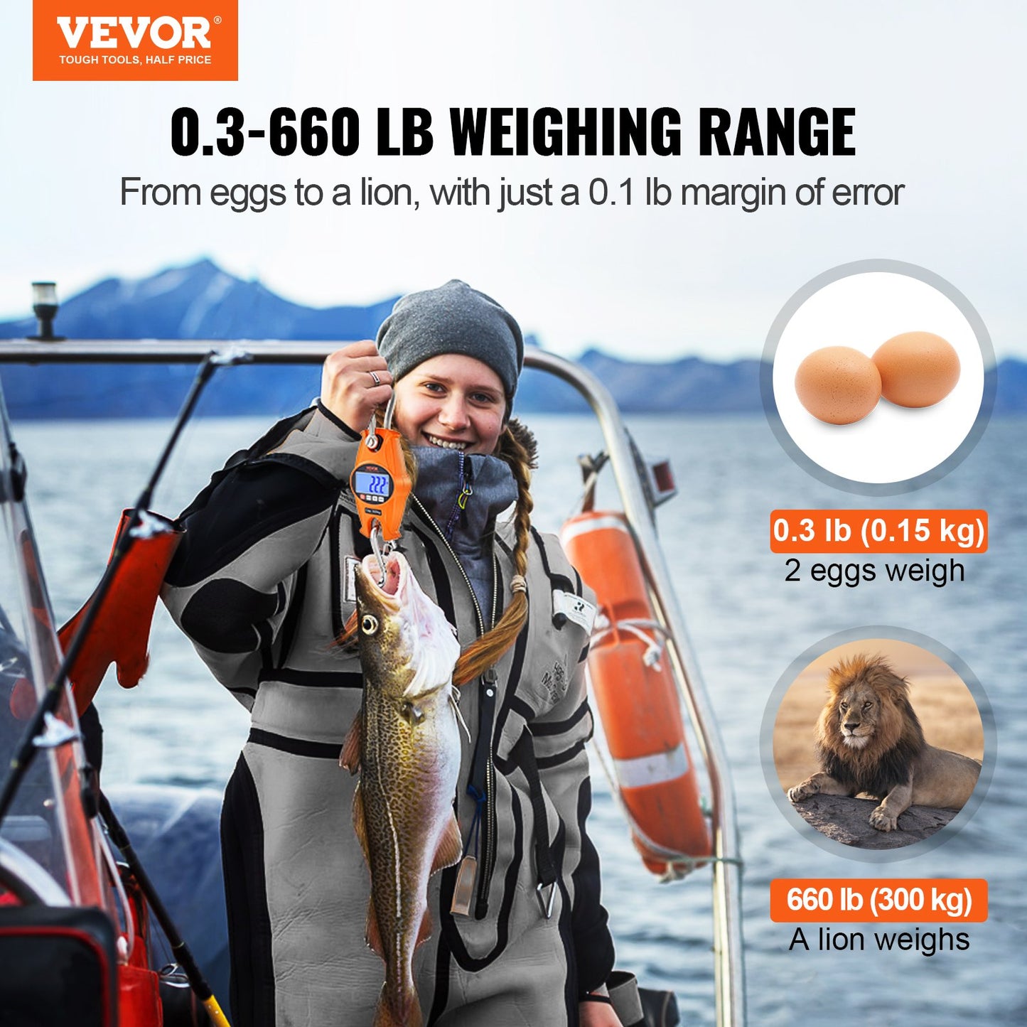 Digital Crane Våg, 660 lbs/300 kg, Industriell Heavy Duty Hängningsvåg med gjuten aluminiumfodral & LCD-skärm, Handhållen minikran med krokar för gård, jakt, fiske, utomhus, garage (orange)