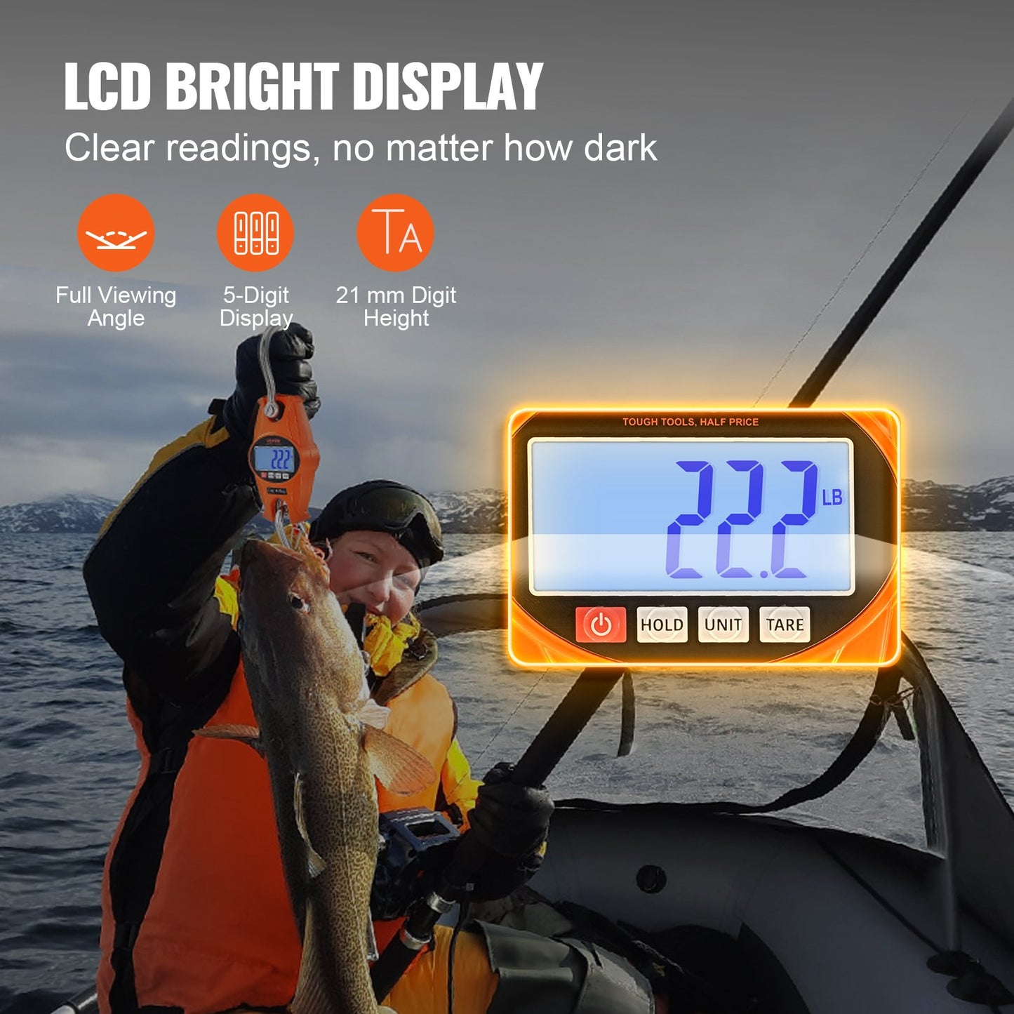 Digital Crane Våg, 660 lbs/300 kg, Industriell Heavy Duty Hängningsvåg med gjuten aluminiumfodral & LCD-skärm, Handhållen minikran med krokar för gård, jakt, fiske, utomhus, garage (orange)
