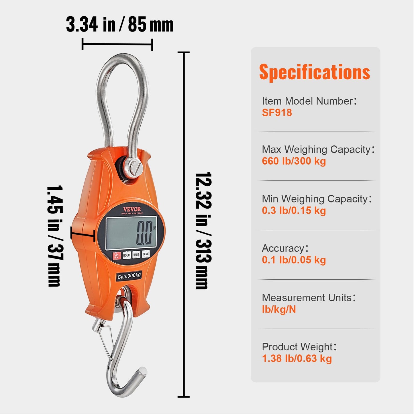 Digital Crane Våg, 660 lbs/300 kg, Industriell Heavy Duty Hängningsvåg med gjuten aluminiumfodral & LCD-skärm, Handhållen minikran med krokar för gård, jakt, fiske, utomhus, garage (orange)