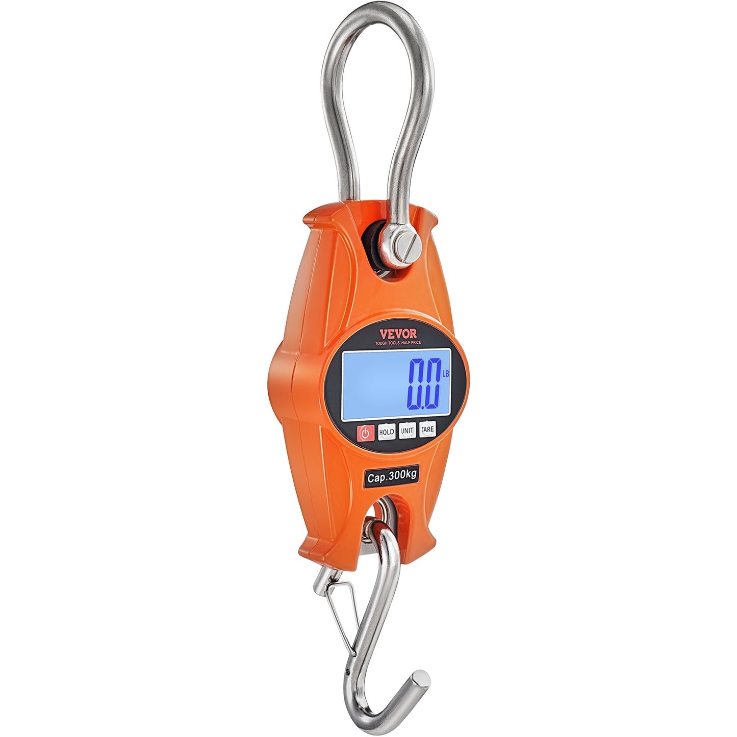 Digital Crane Våg, 660 lbs/300 kg, Industriell Heavy Duty Hängningsvåg med gjuten aluminiumfodral & LCD-skärm, Handhållen minikran med krokar för gård, jakt, fiske, utomhus, garage (orange)