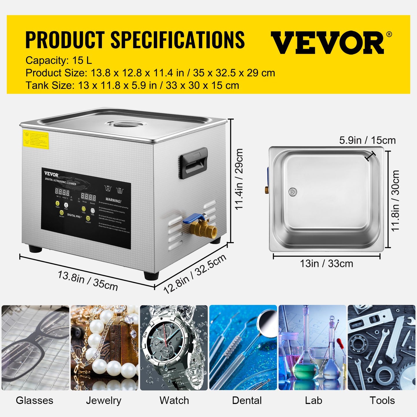 15L Digital Ultrasonic Cleaner Heater Timer 600W 40KHz rengöringsmaskin