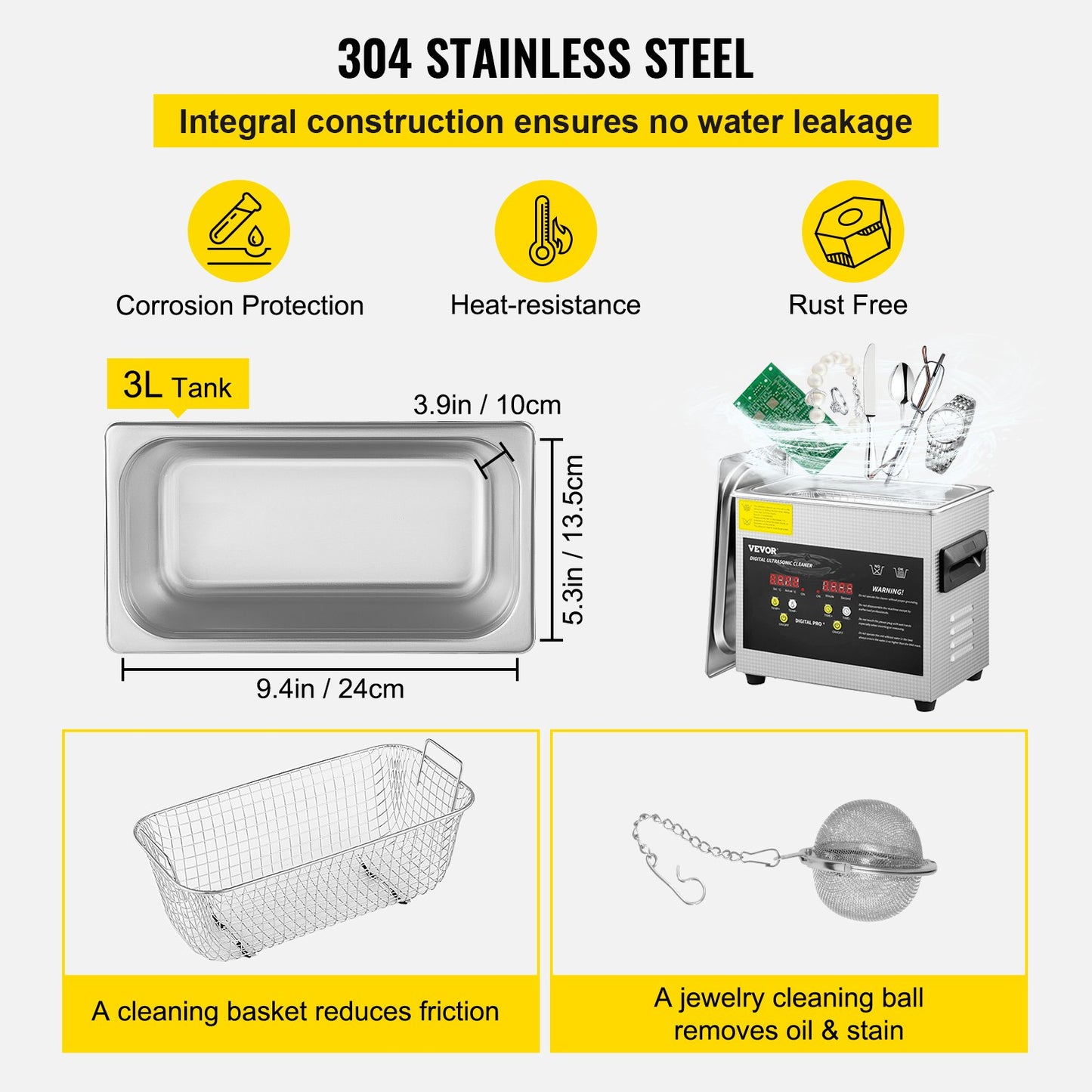 3L Digital Ultrasonic Cleaner Heater Timer Smycken Glasögonrengöring