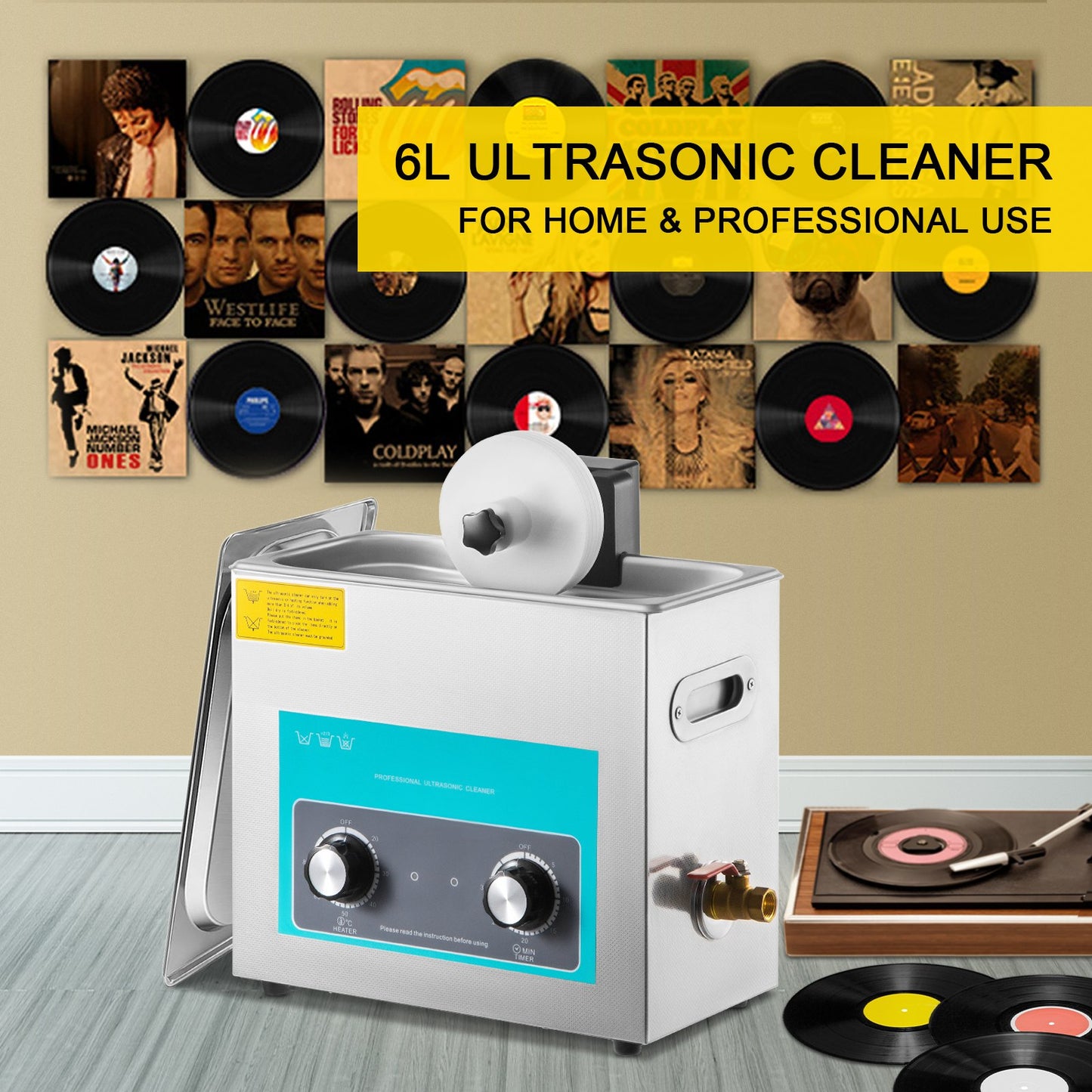 Ultrasonic Vinyl Record Cleaner 6L 40kHz Vinyl Ultrasonic Cleaner Knob Control Record Ultrasonic Cleaner 8 Records Vinyl Sonic Cleaner Stainless Steel Tank with Mechanical Heater & Timer