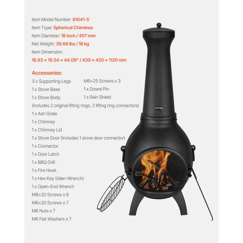 18 tums Chiminea vedeldad eldstad för utomhusbruk med grillnät och skorstensbeklädnad