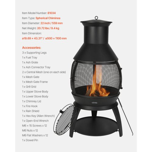 22 inch Chiminea outdoor iron fireplace with grill grate and chimney liner | EU