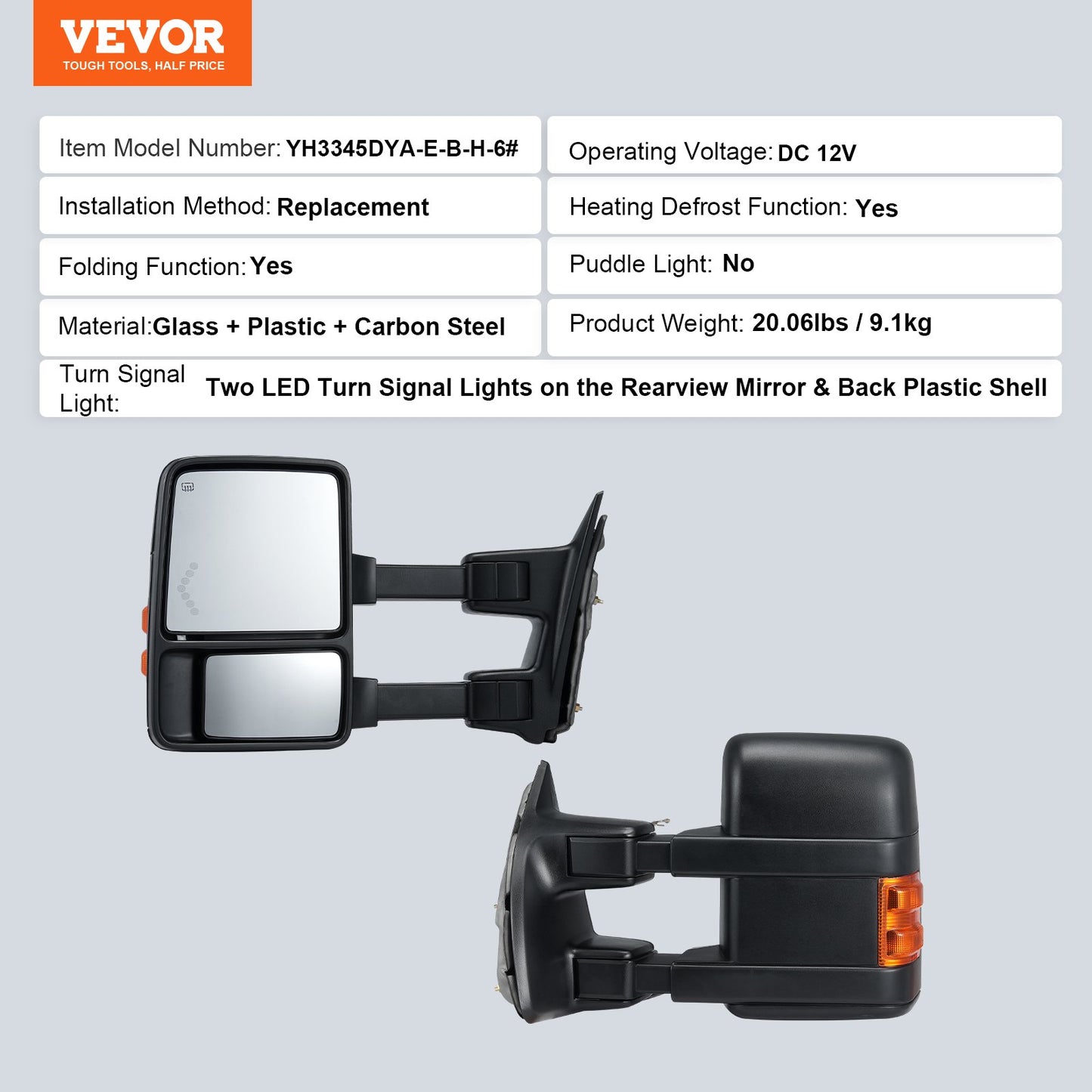Power Uppvärmda dragspeglar för 2008-2016 Ford F250 F350 F450 F550 Fällbar
