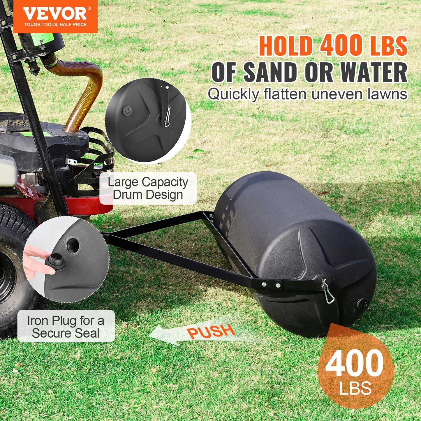 Zum Schleppen hinter Rasenflächen, 400 lbs Sand-/Wassergefüllte Gartenwalze, LLDPE-Trommel und Stahlrahmen mit leicht drehbarem Stecker, Schleppen hinter einem Traktor oder Geländefahrzeug für Rasen, Garten, Hof, Park, Schwarz
